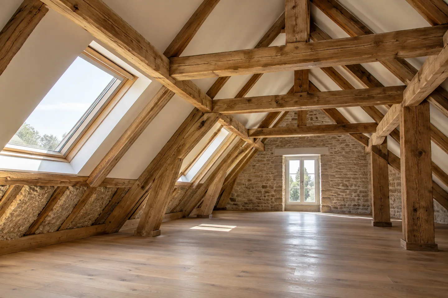 Charpente en bois et combles éclairés par des fenêtres de toit
