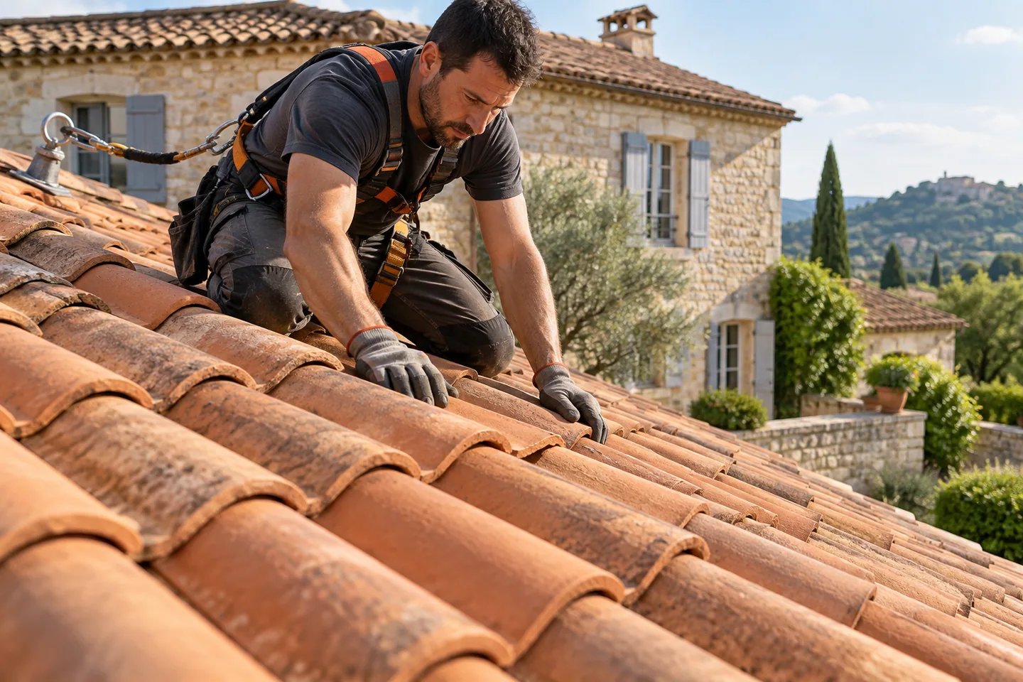 Artisan couvreur ajustant une toiture en tuiles de terre cuite