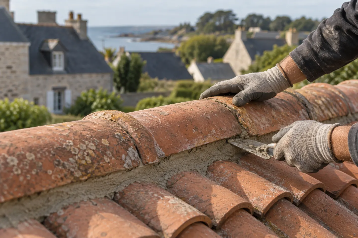 Mains gantées d’un couvreur travaillant sur le faîtage d’une toiture en tuiles