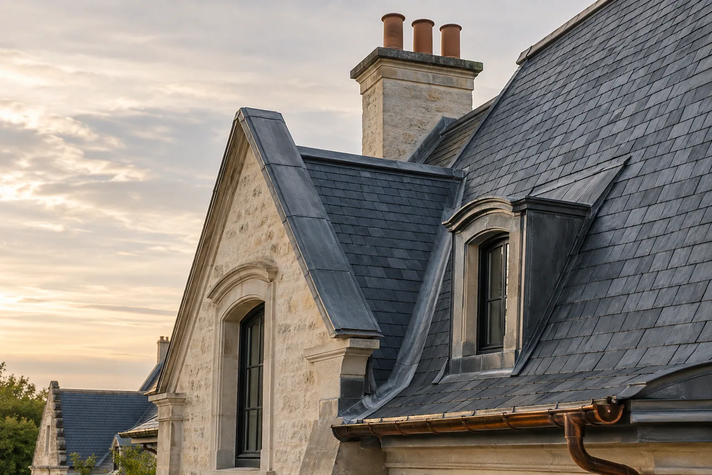 Toiture en ardoises et finitions de zinguerie sur une maison en pierre
