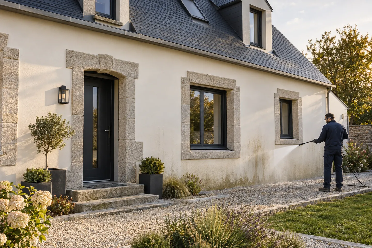 Nettoyage d’une façade de maison avec un matériel adapté au revêtement