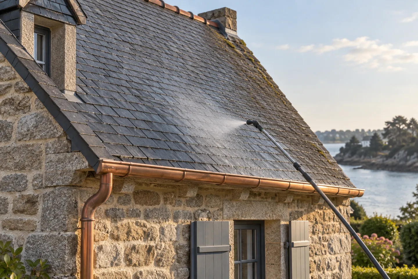 Intervention de nettoyage et démoussage sur une toiture en ardoises