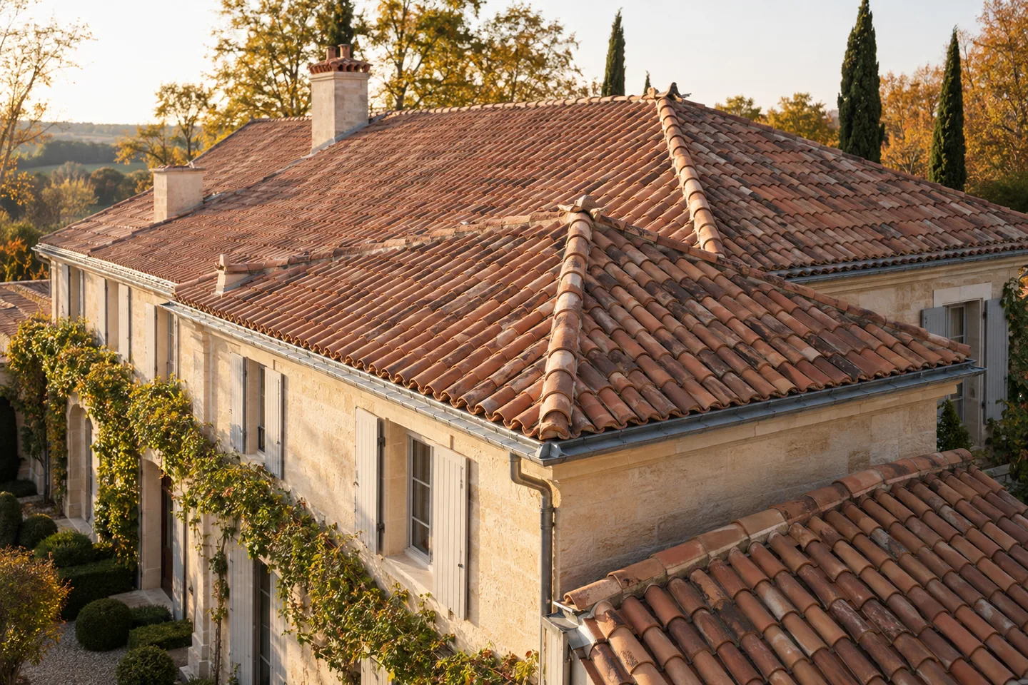 Toiture traditionnelle en tuiles de terre cuite aux teintes chaudes