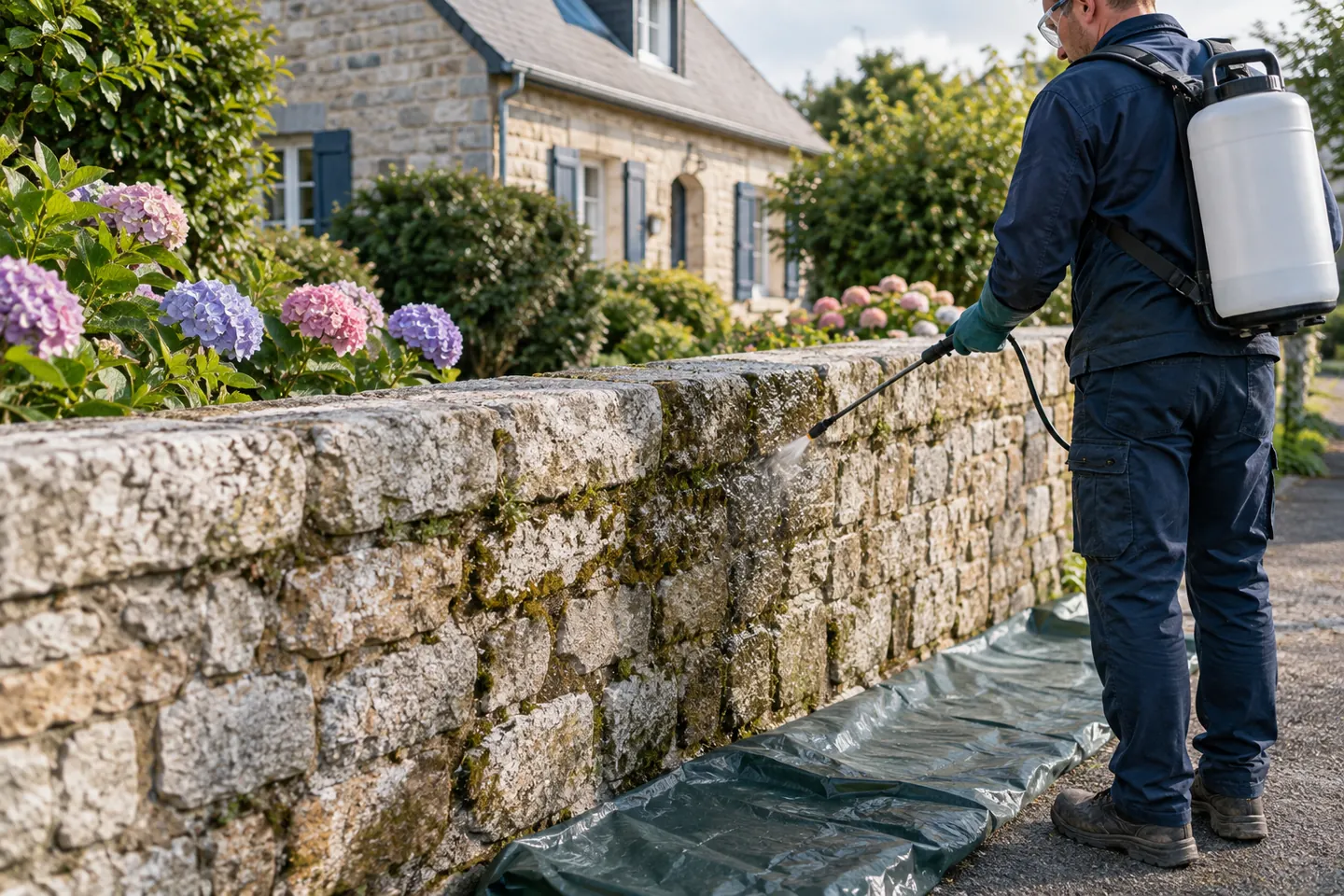 Application d’un traitement spécialisé sur un muret extérieur avec un matériel adapté